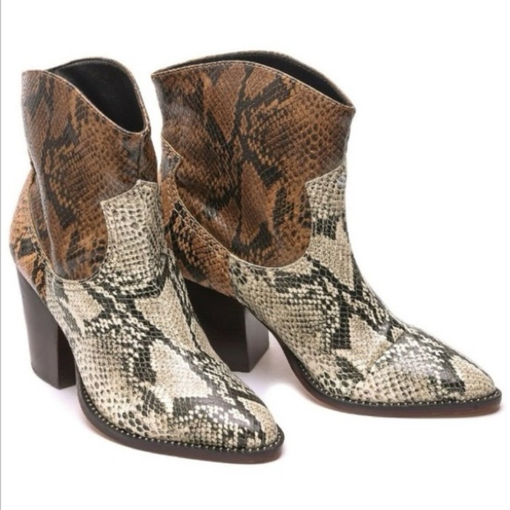SCHUTZ Haven Snakeskin Print Cowgirl Western Ankle Boots in Brown and Black